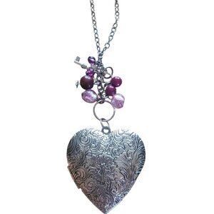 Silver Etched Heart Locket Necklace With Pink Purple Beads Coquette Fairycore